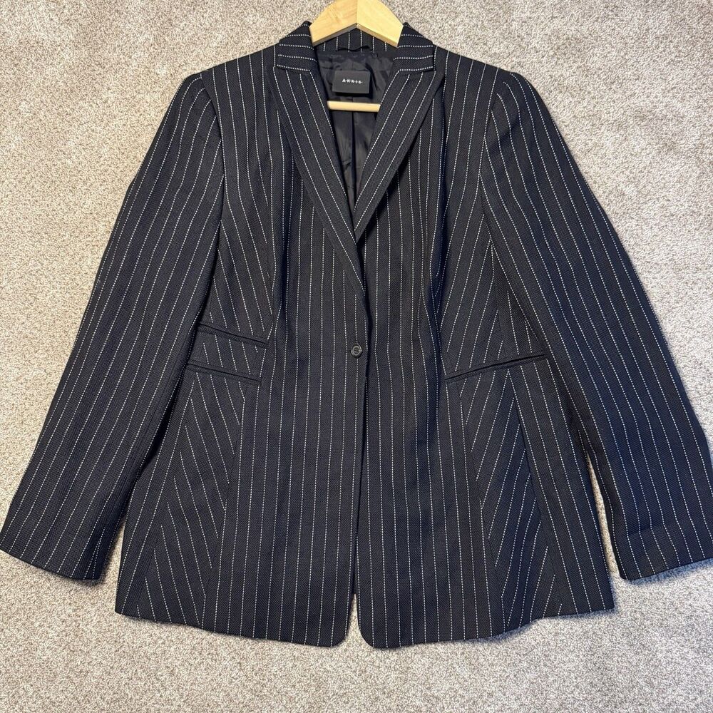 AKRIS Black Pinstripe Blazer Jacket Women Size 16 Wool Silk Luxury Business